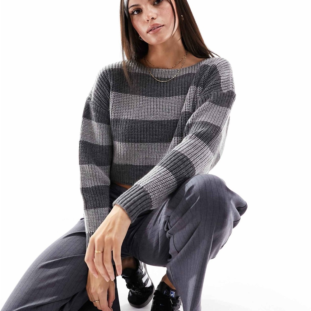 Stradivarius STR Slouchy Knit Sweater | Gray Stripe | Size M | Like New